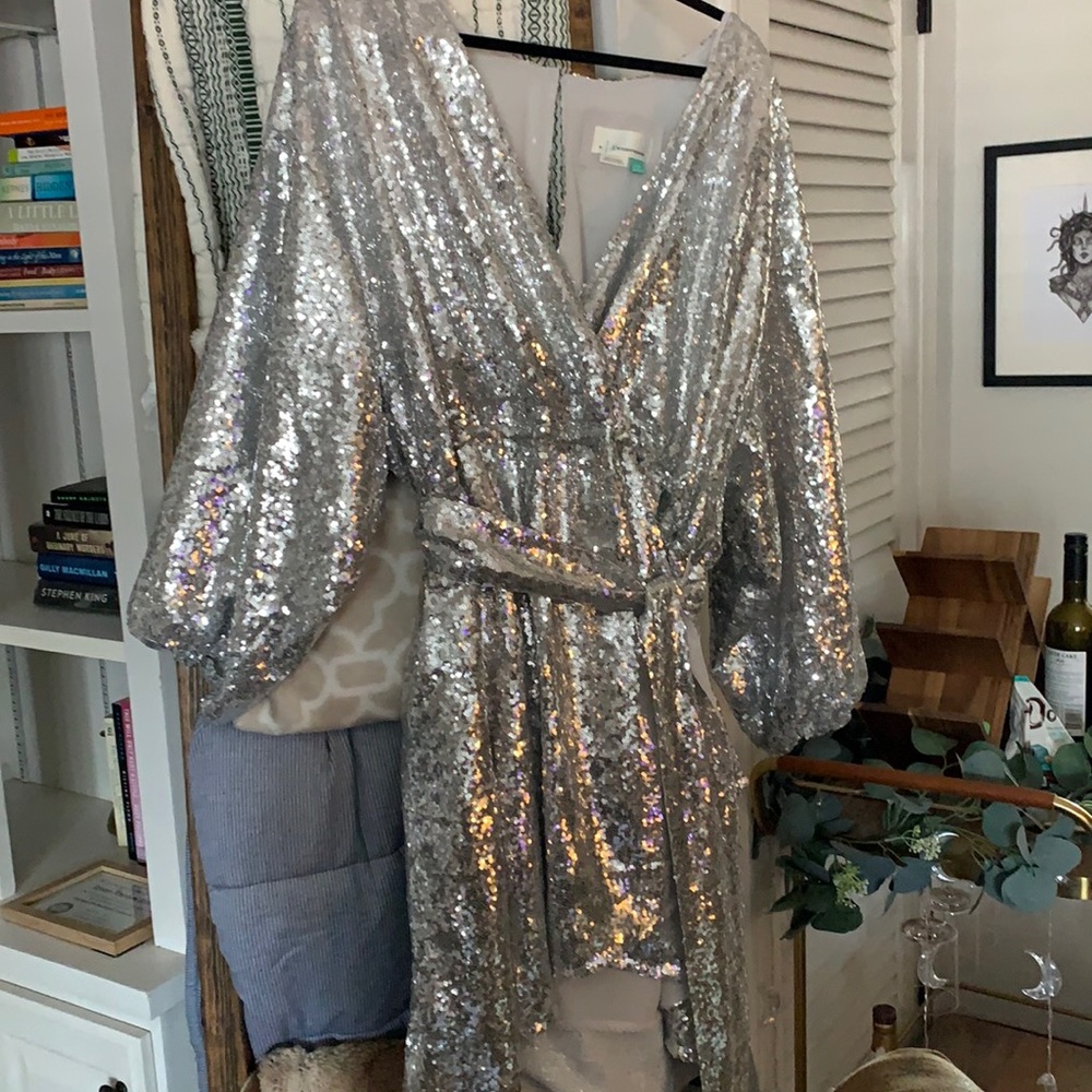 sequined silver anthropologie mini dress
